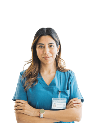 Woman in scrubs folding her arms